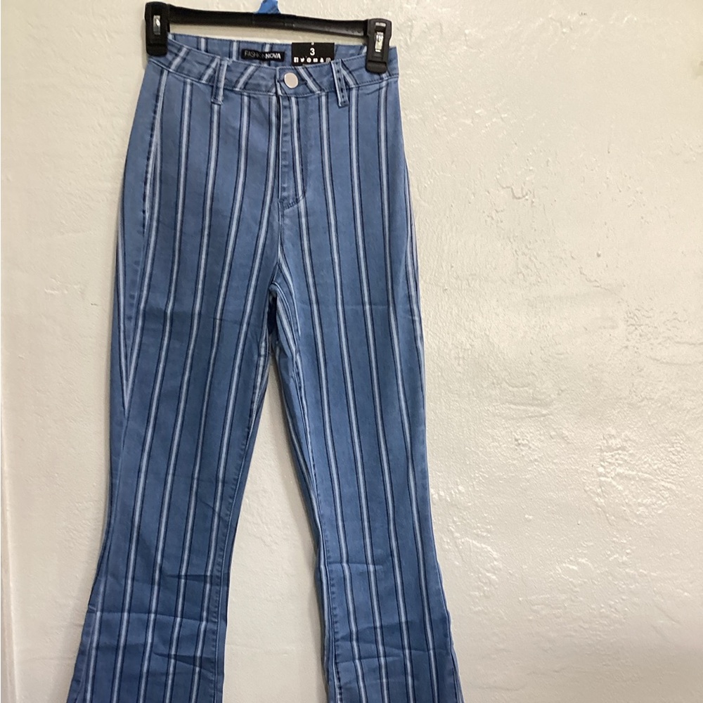 Blue Striped High-Waist Flared Pants